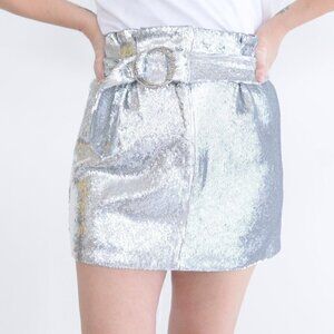 Lovers + Friends Silver Shimmery Sequin Mini Skirt with Belt S  NWT